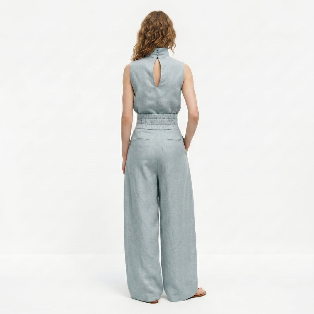 Madalena | Conjunto de Linho Premium com Gola Alta e Calças Wide Leg