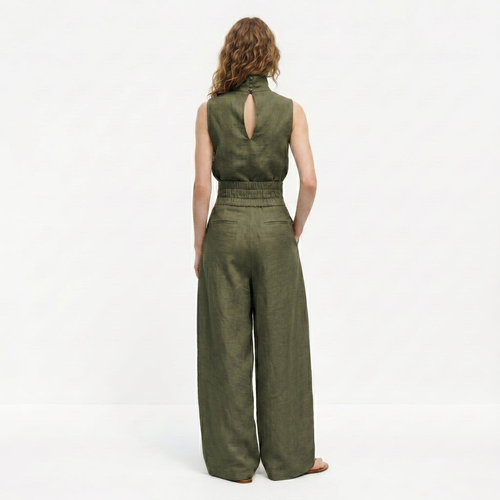 Madalena | Conjunto de Linho Premium com Gola Alta e Calças Wide Leg