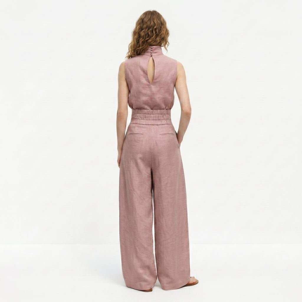 Madalena | Conjunto de Linho Premium com Gola Alta e Calças Wide Leg