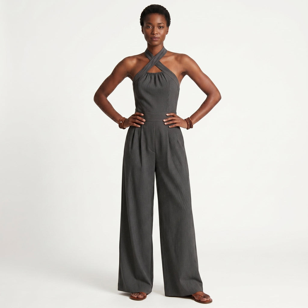 Madalena - Macacão Texturizado Decote Halter Cruzado